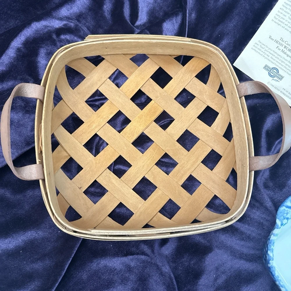 Henn Workshops Blue Sponge Collection casserole dish in a wooden basket